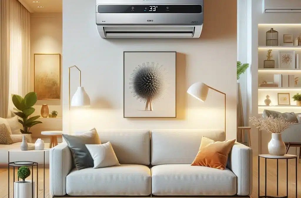 A modern living room with an air conditioner.