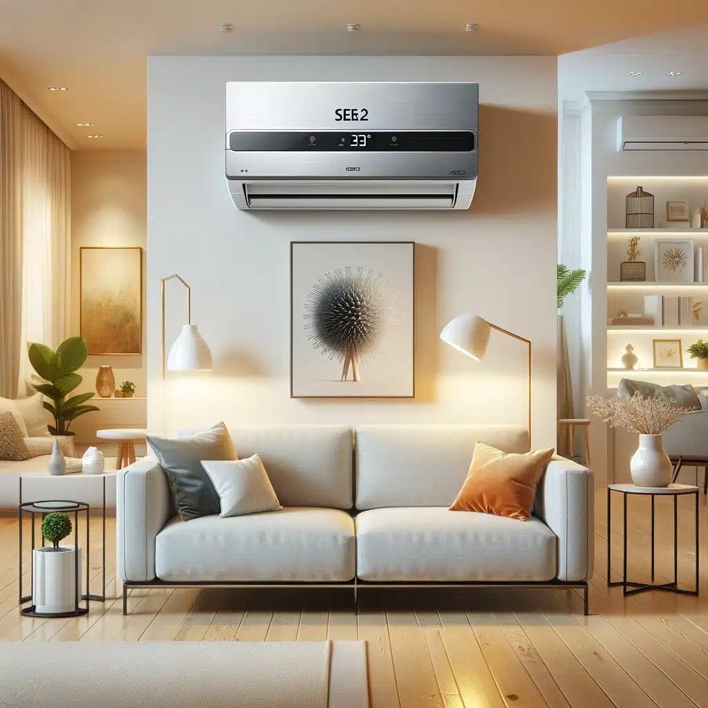 A modern living room with an air conditioner.