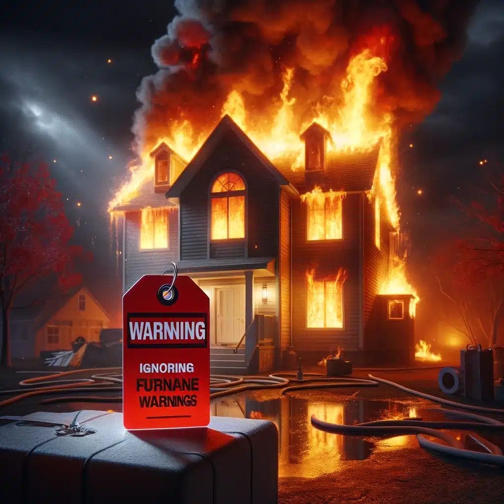 A house on fire with a warning sign on it.