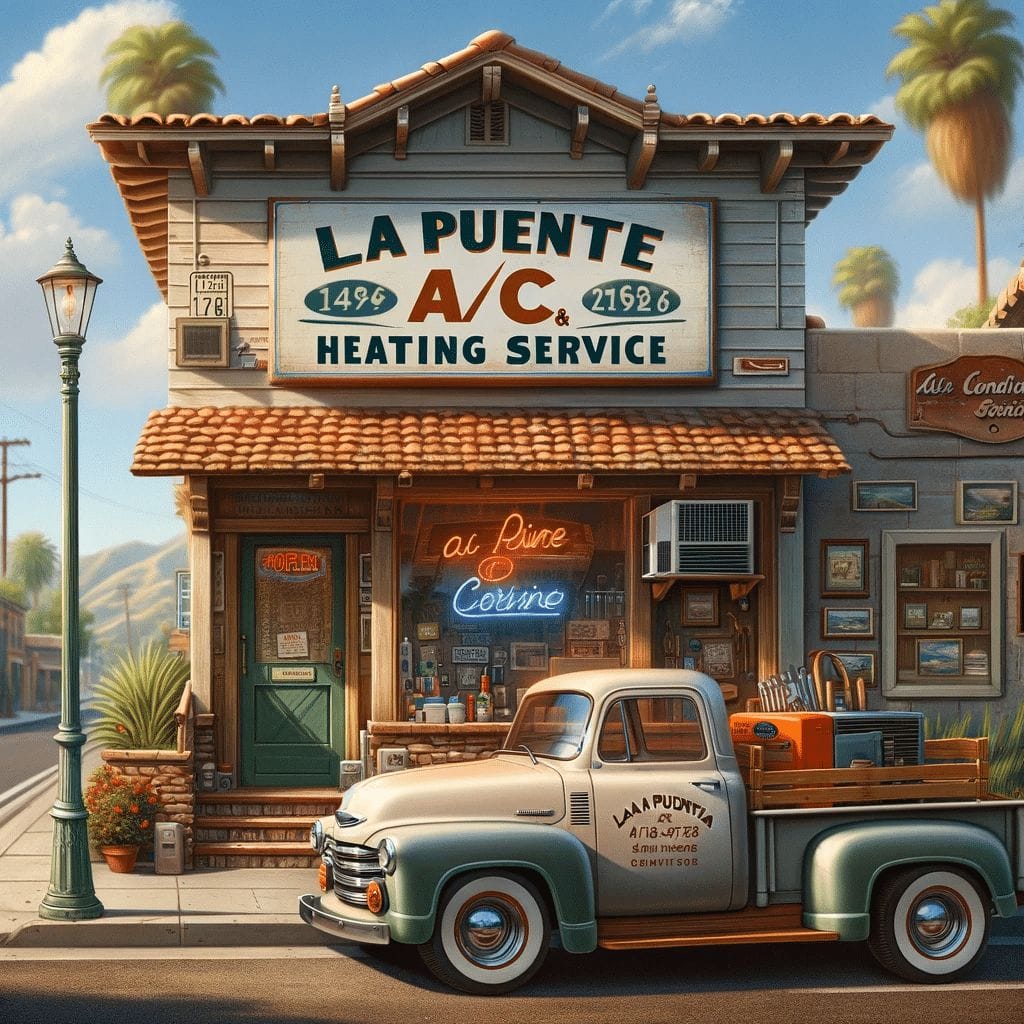 DALL·E 2023-11-16 07.28.54 - A digital painting of a small, family-owned air conditioning and heating service shop located in La Puente, California. The shop has a charming, rusti La Punete Air Conditioning & Heating company