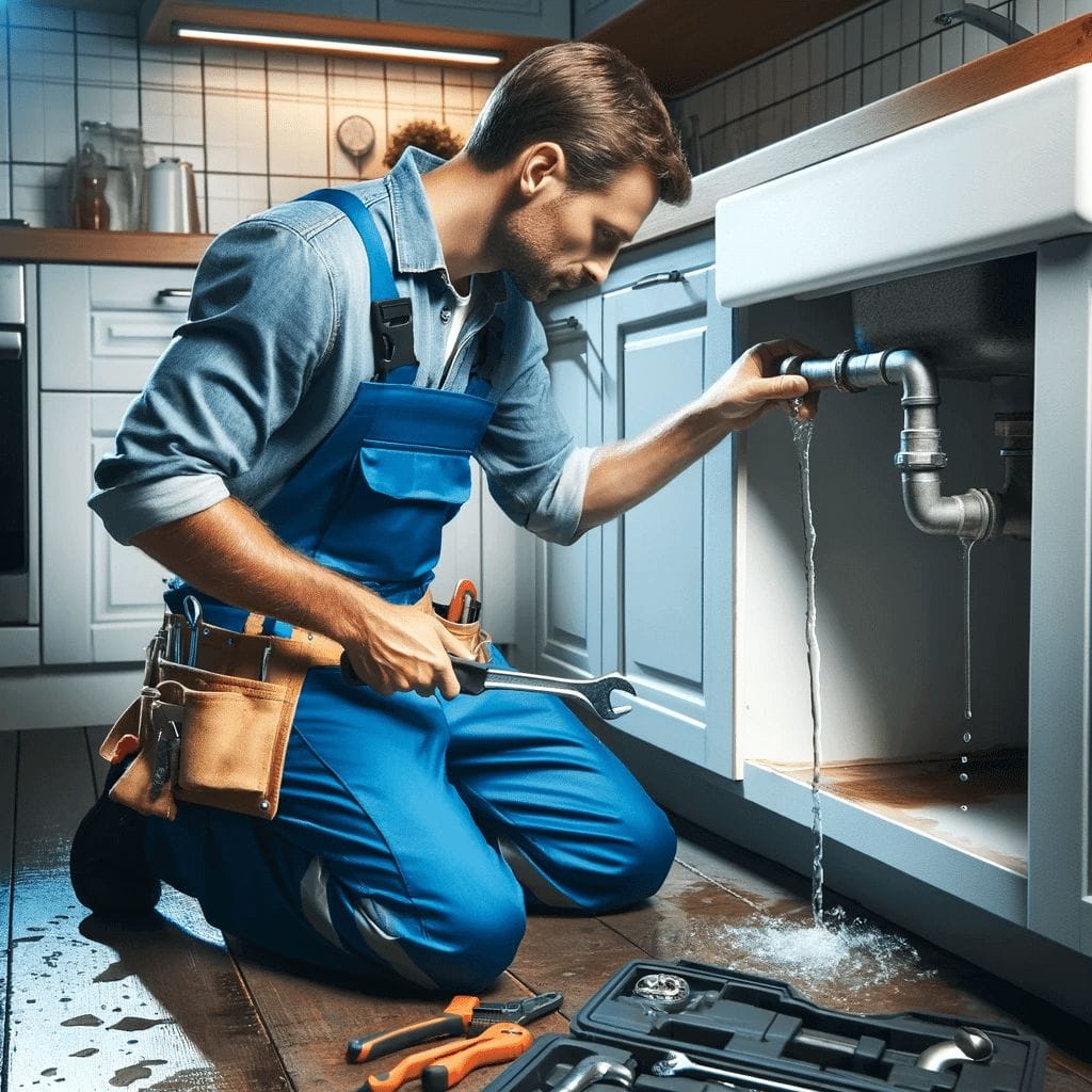 A plumber working on a kitchen sink.