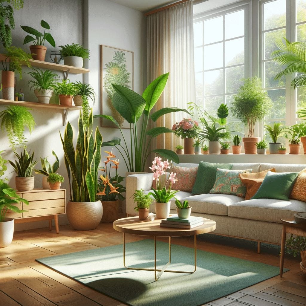 A living room with lots of potted plants.