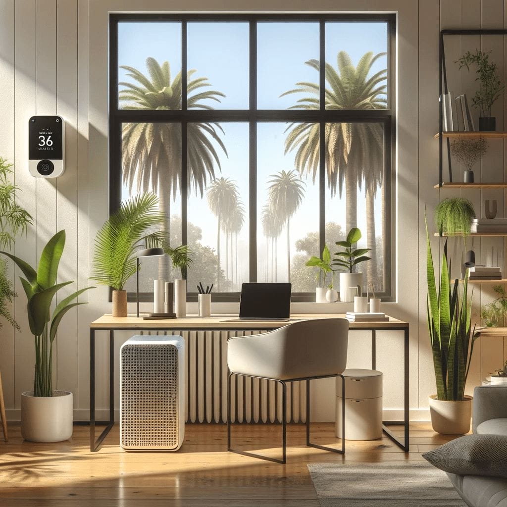 A living room with plants and a desk.