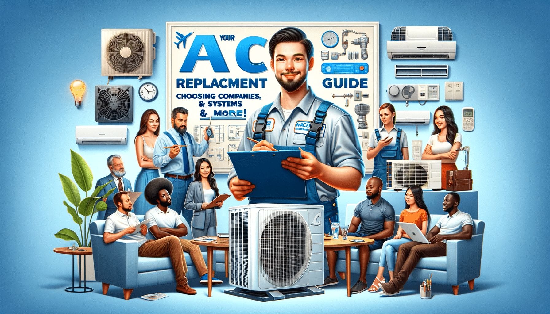 An ac repair guide with a group of people.