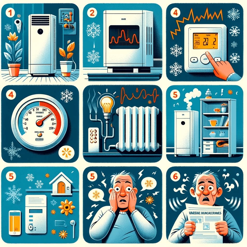 A set of icons showing how to use a heating system.