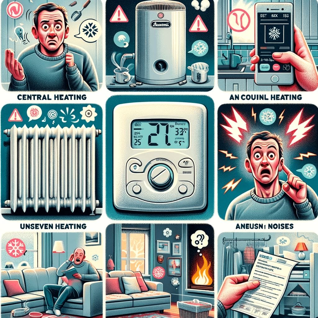 A set of illustrations showing a man with a heating system.