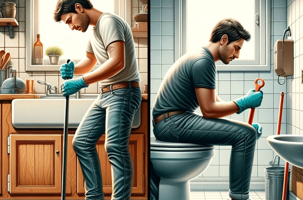 Two illustrations of a man working in the bathroom.