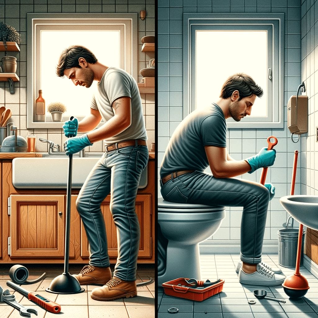 Two illustrations of a man working in the bathroom.