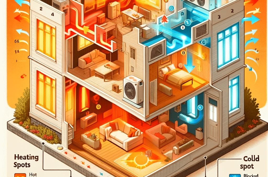 An isometric illustration of a house with heating and cooling systems.