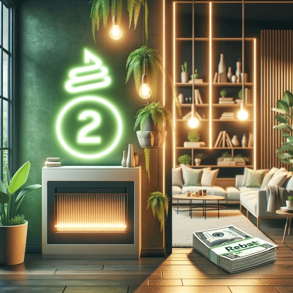 A living room with a neon sign and a fireplace.