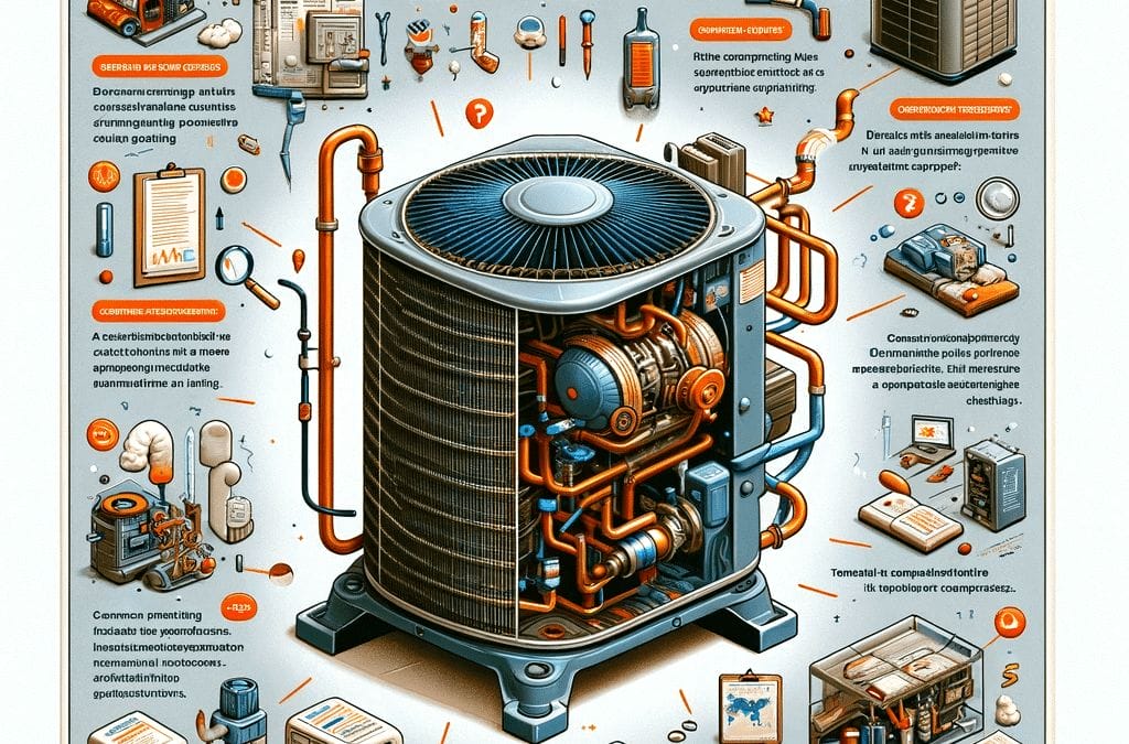 Isometric illustration of a bad AC compressor with troubleshooting DIY tips.