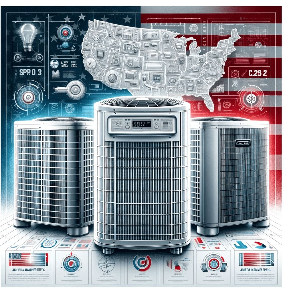Three air conditioners in front of an american flag.