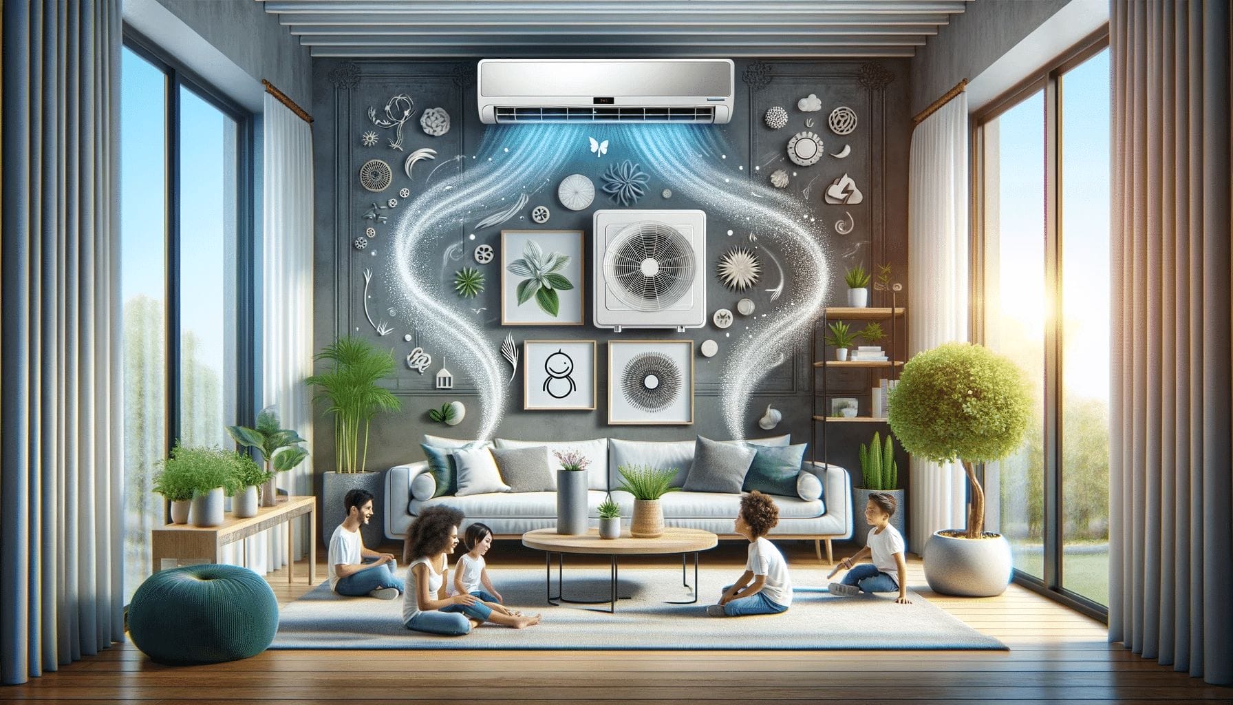 A living room with an air conditioner in the background.