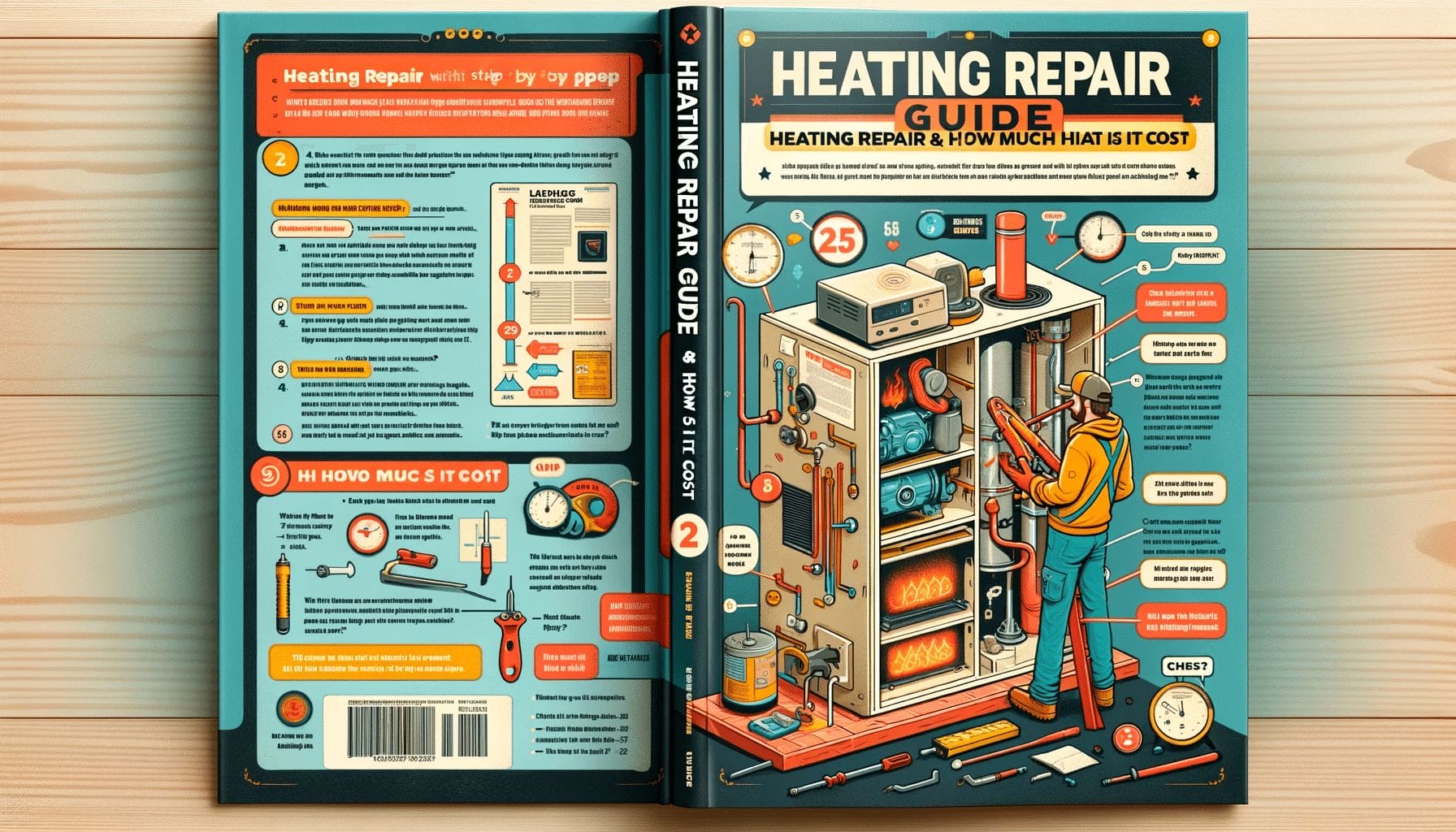 A book with illustrations of a heating repair guide.