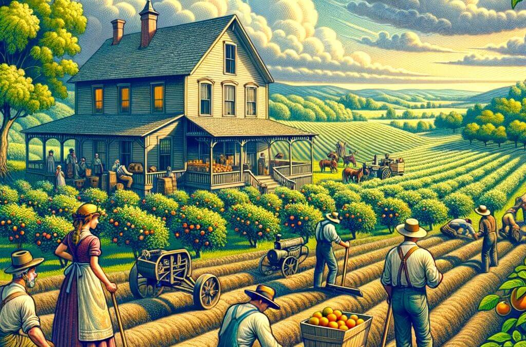 A painting of people working in an orange orchard.