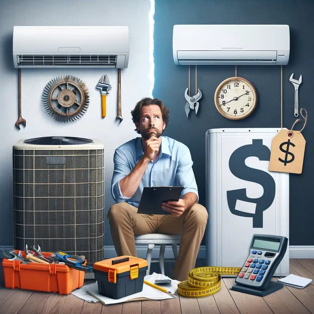 A man sitting on a chair next to an air conditioner and other tools.