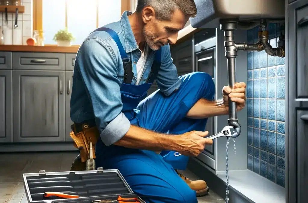 A plumber working on a sink in a kitchen.