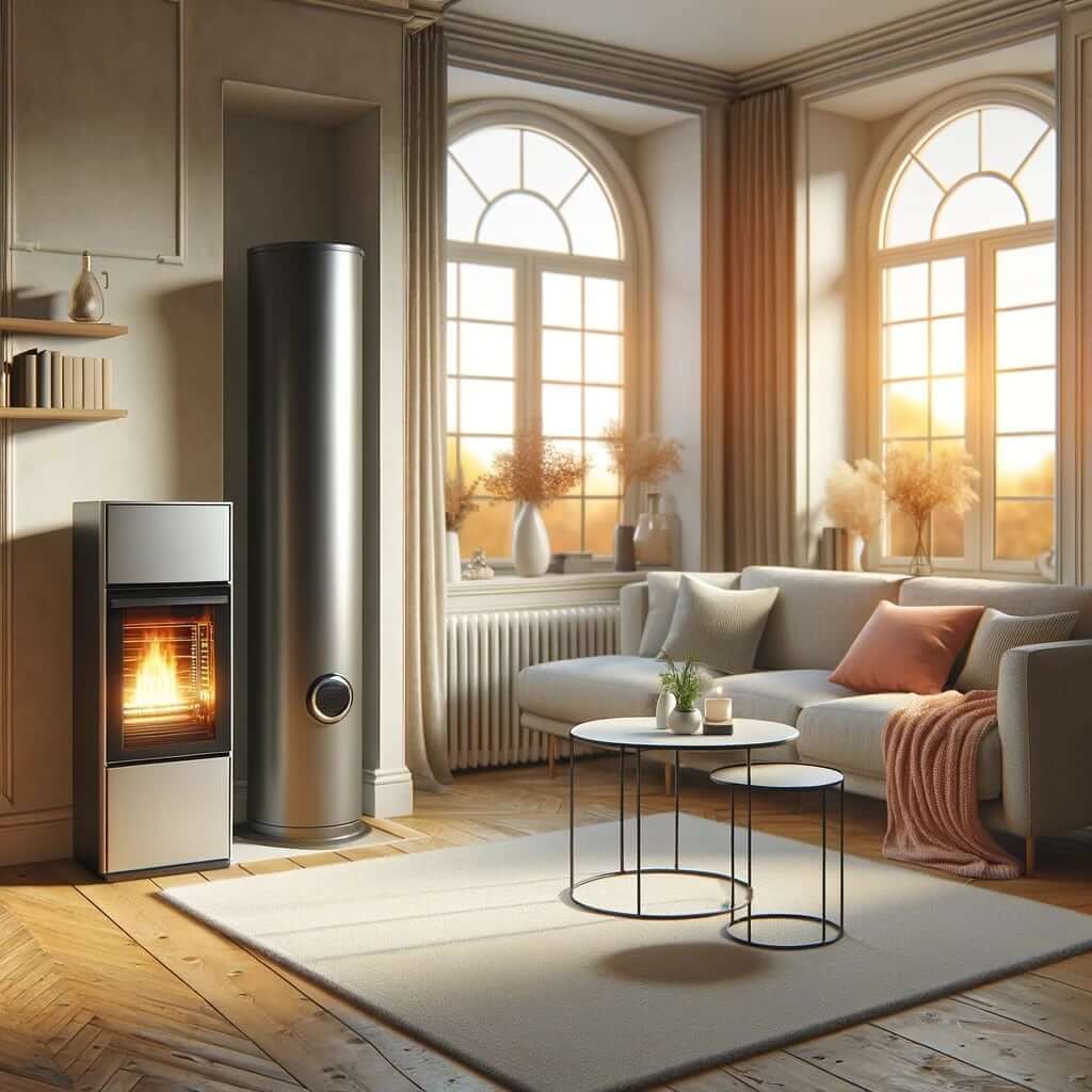 A modern living room with a wood burning stove.