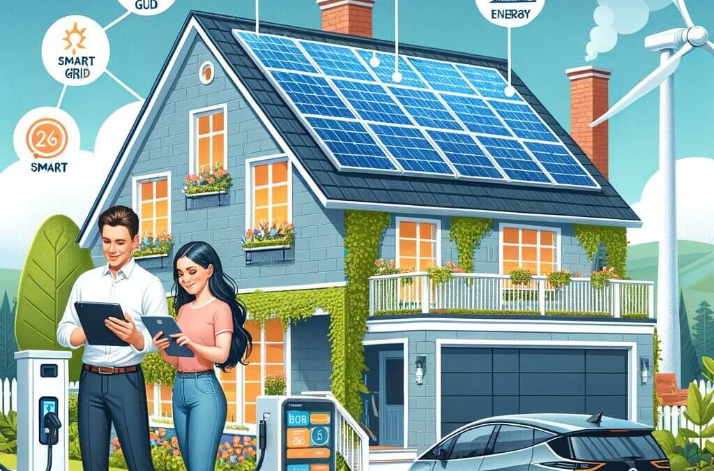 A man and woman are standing next to a solar panel in front of a house.