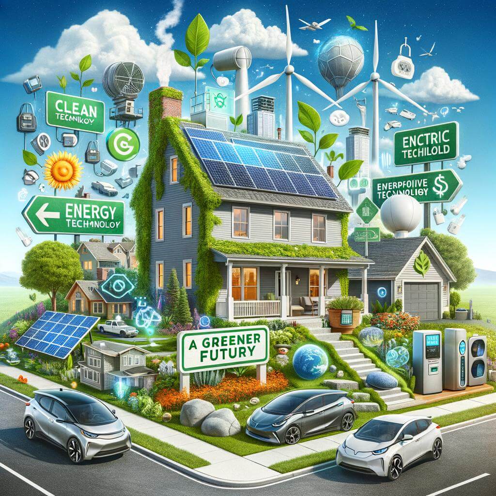 3d illustration of a house with solar panels, wind turbines and other green energy icons.