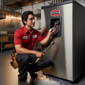 A man repairing a commercial refrigerator in a kitchen using an air dryer.
