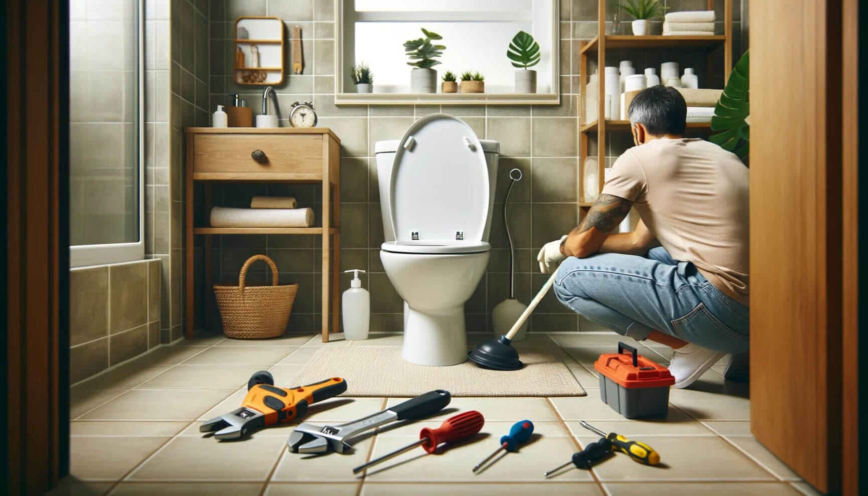 A man is kneeling in front of a toilet with tools.