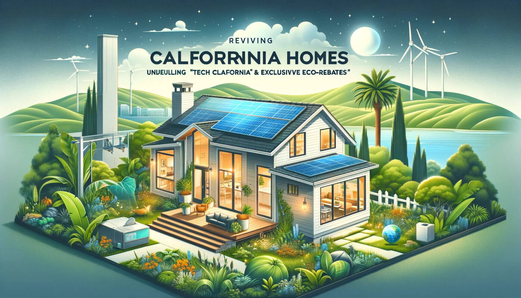 California homes with solar panels and wind turbines.