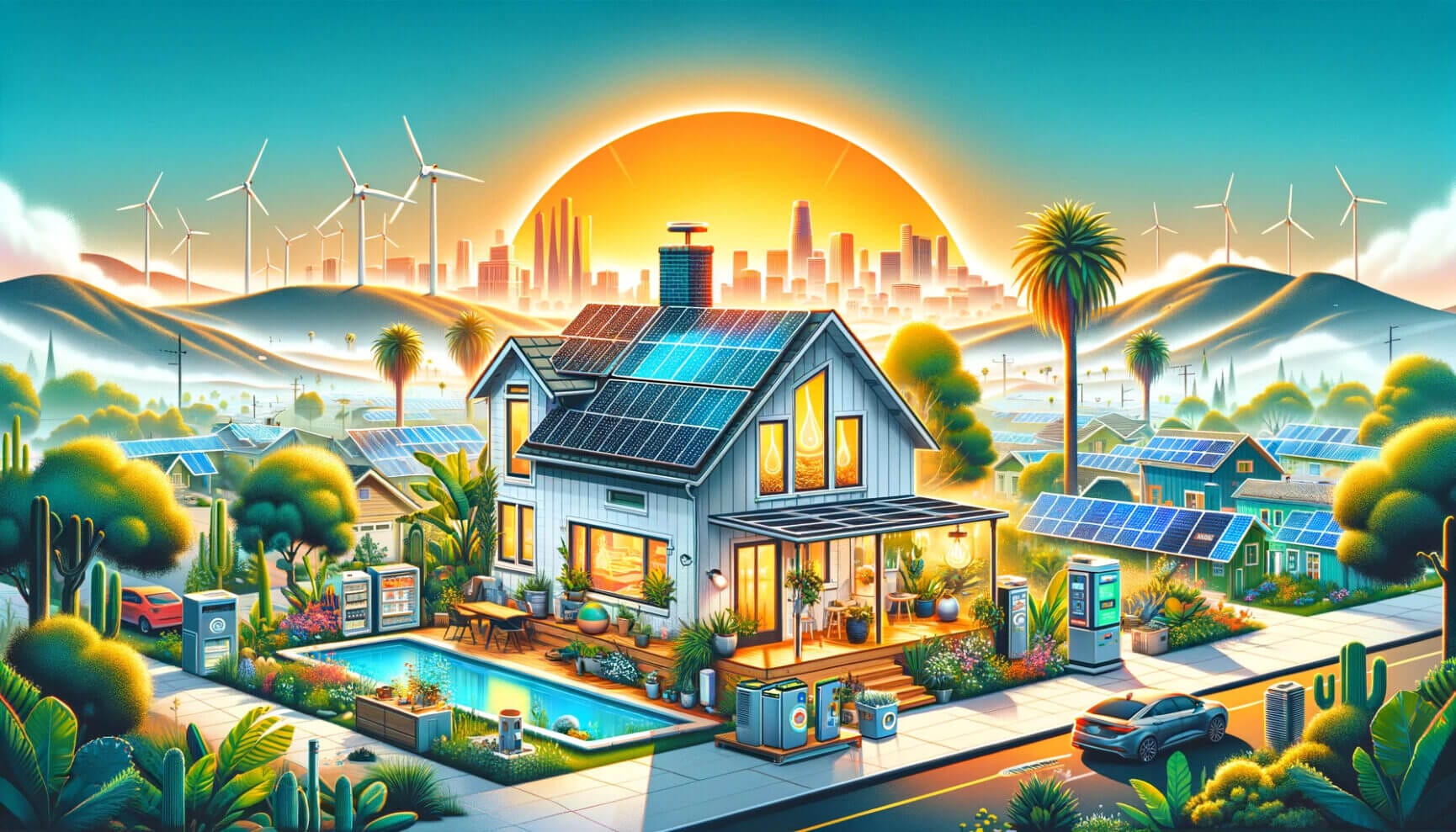 An illustration of a house with solar panels and wind turbines.