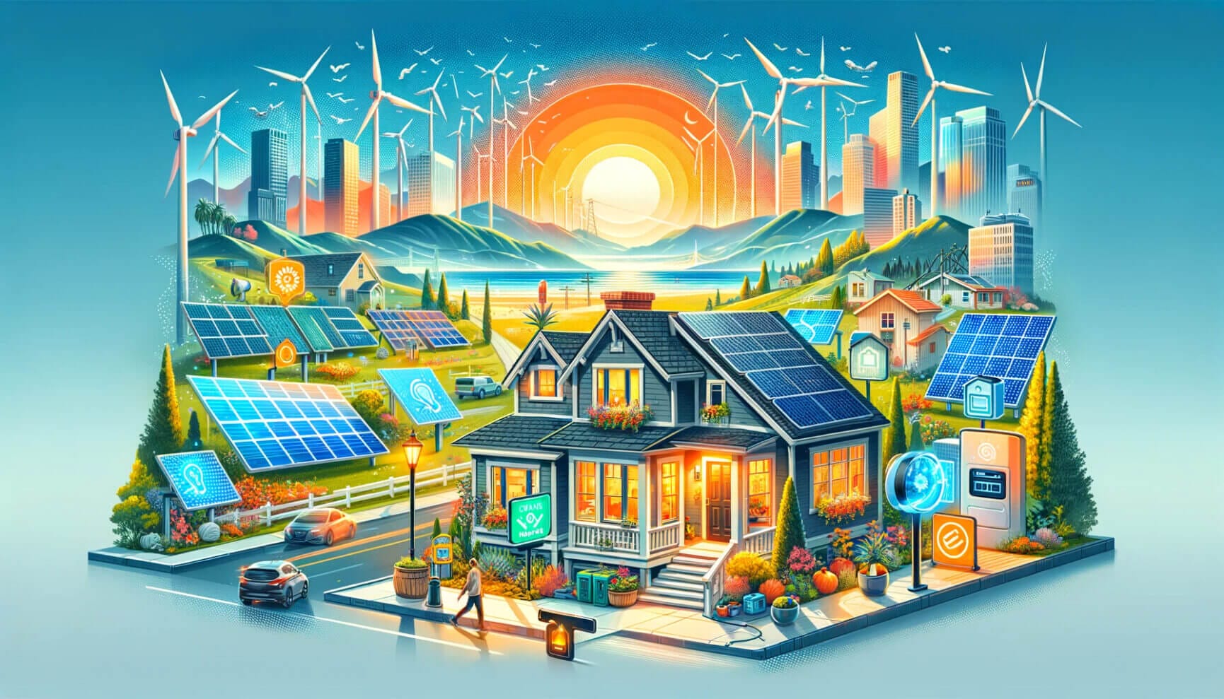 An illustration of a house with solar panels and wind turbines.
