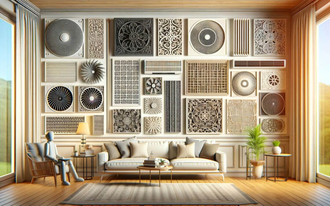 3d rendering of a living room with a lot of decorative items on the wall.