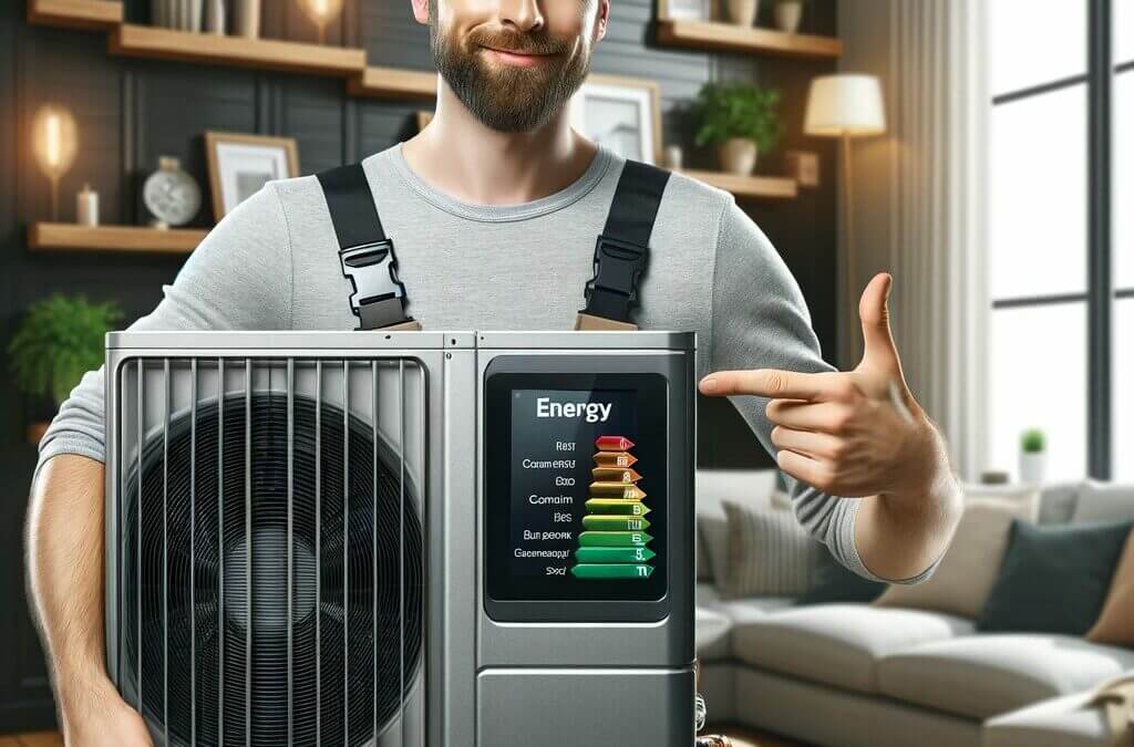 A man holding an air conditioner in a living room.
