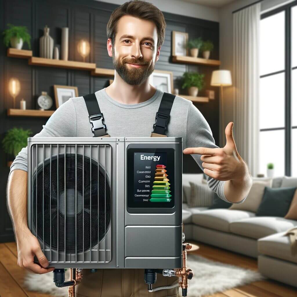A man holding an air conditioner in a living room.