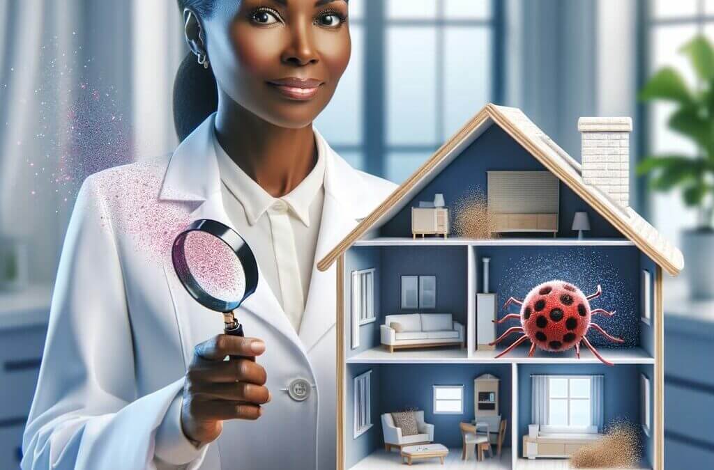 A woman in a lab coat holding a magnifying glass and a model house.