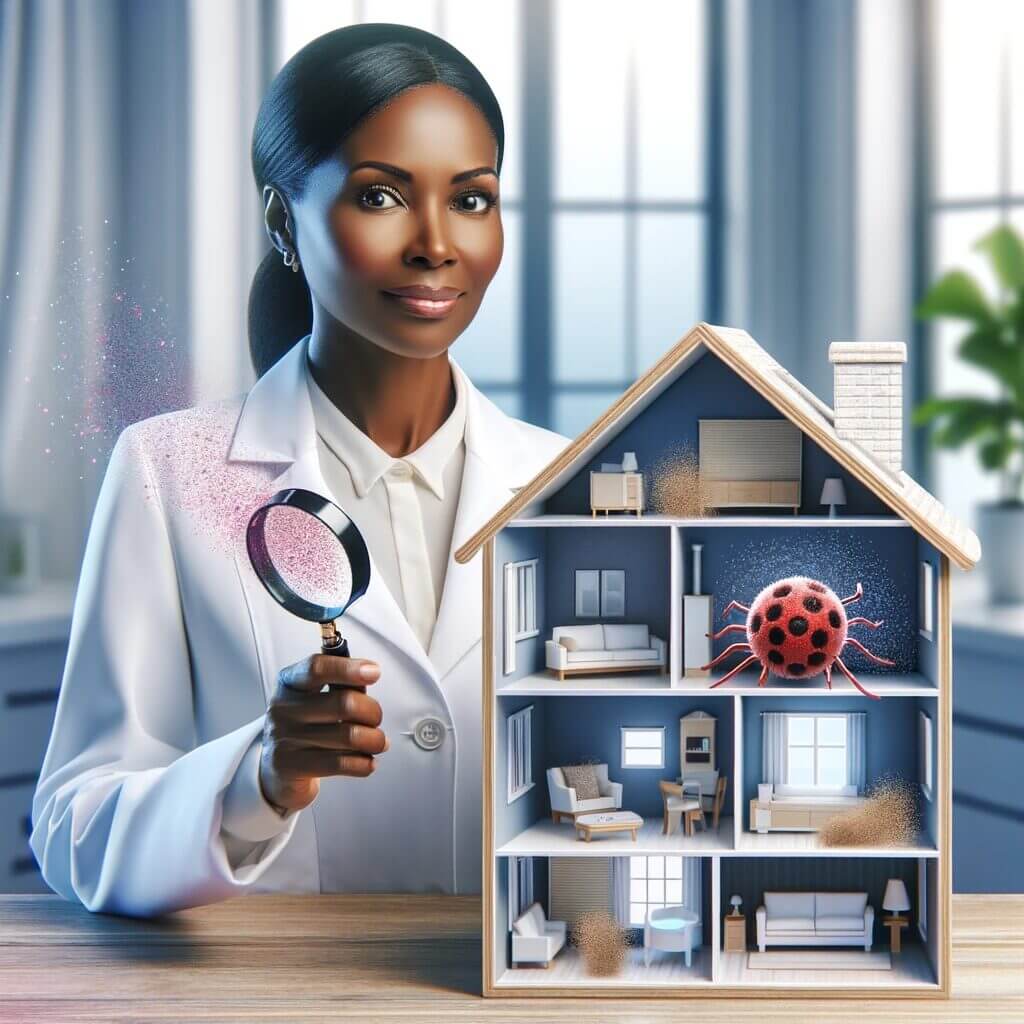 A woman in a lab coat holding a magnifying glass and a model house.