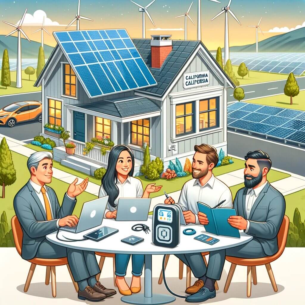 A group of people sitting around a table in front of a house with wind turbines.