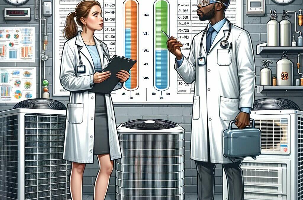 Two doctors standing in front of an air conditioning unit.