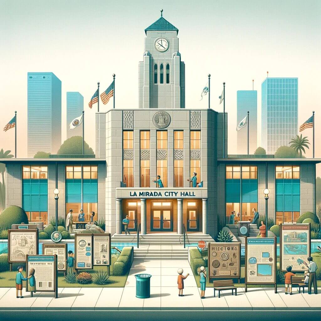 A cartoon illustration of a building with people in front of it.