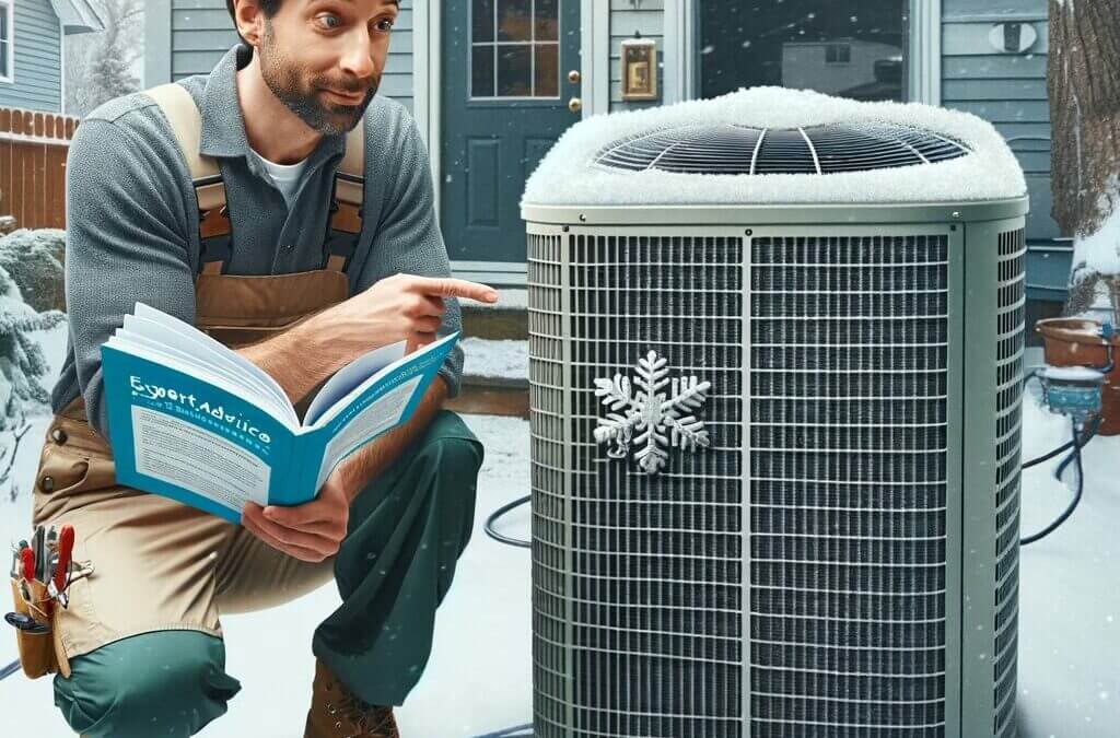 A man reading a book while standing next to an air conditioner.