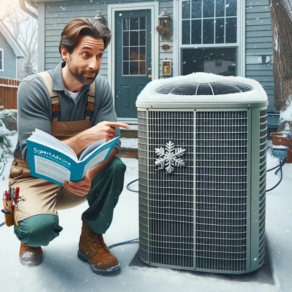 A man reading a book while standing next to an air conditioner.
