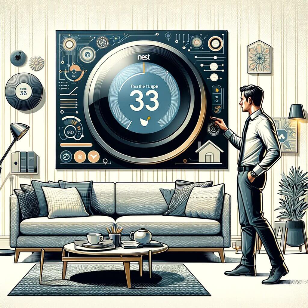 A man is standing in front of a smart thermostat in a living room.