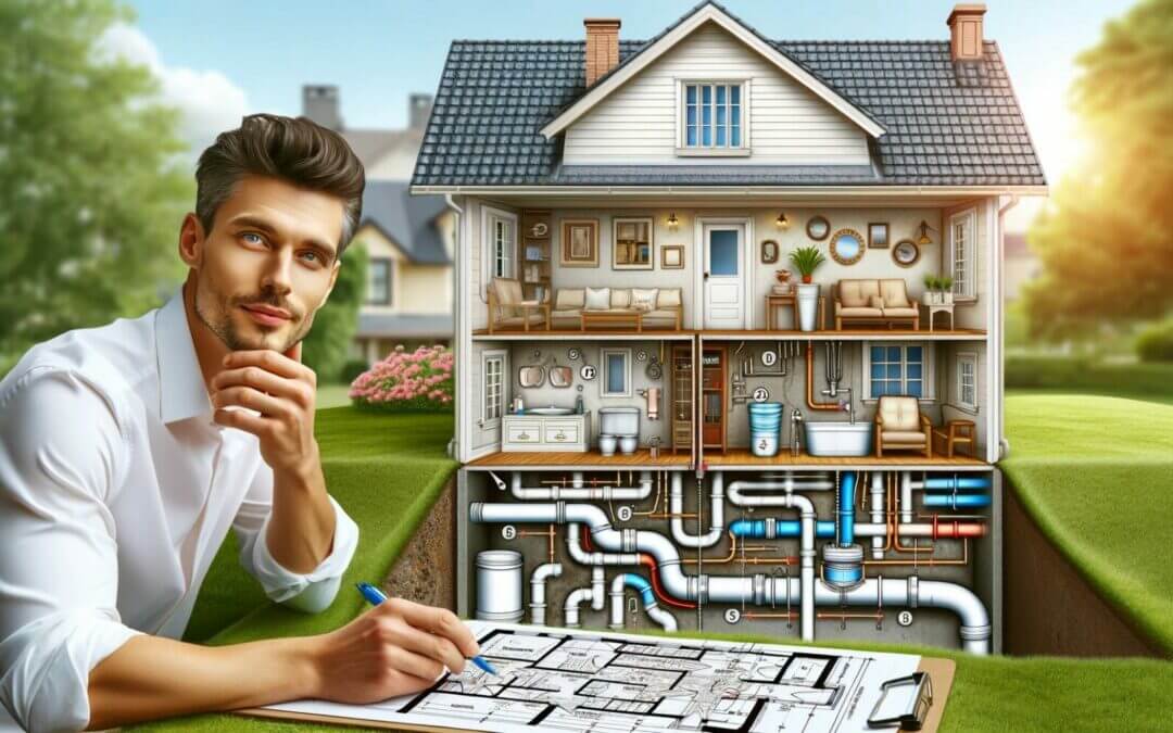 A man looking at a blueprint of a house.