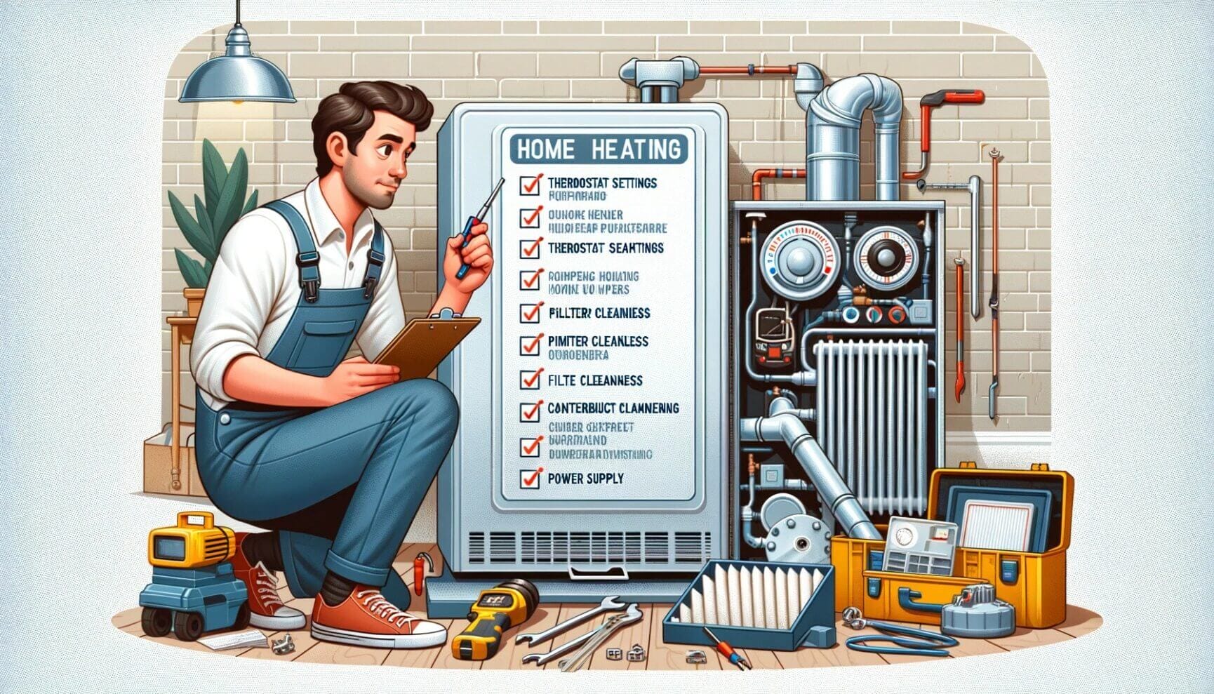 An illustration of a man with a checklist in front of a refrigerator.