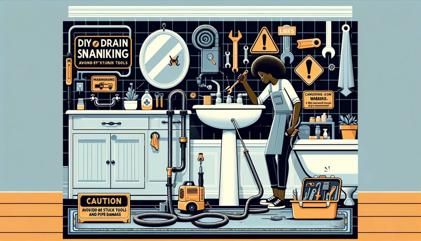 An illustration of a woman cleaning a bathroom.