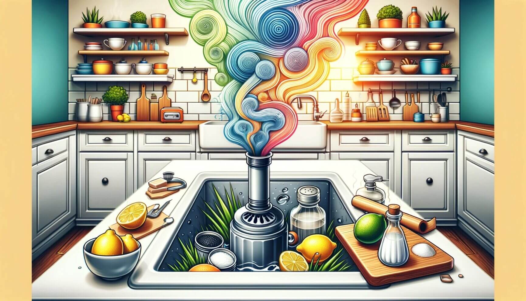 A colorful illustration of a kitchen with a steaming pot.