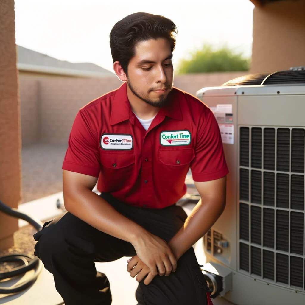 A man kneeling next to an air conditioning unit.