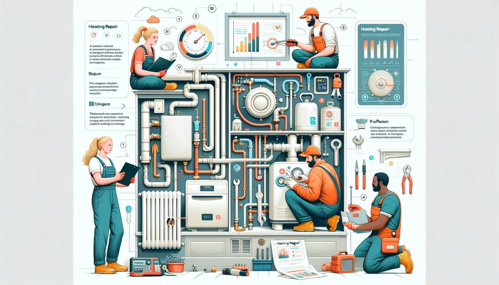 A set of illustrations showing people working on a plumbing system.
