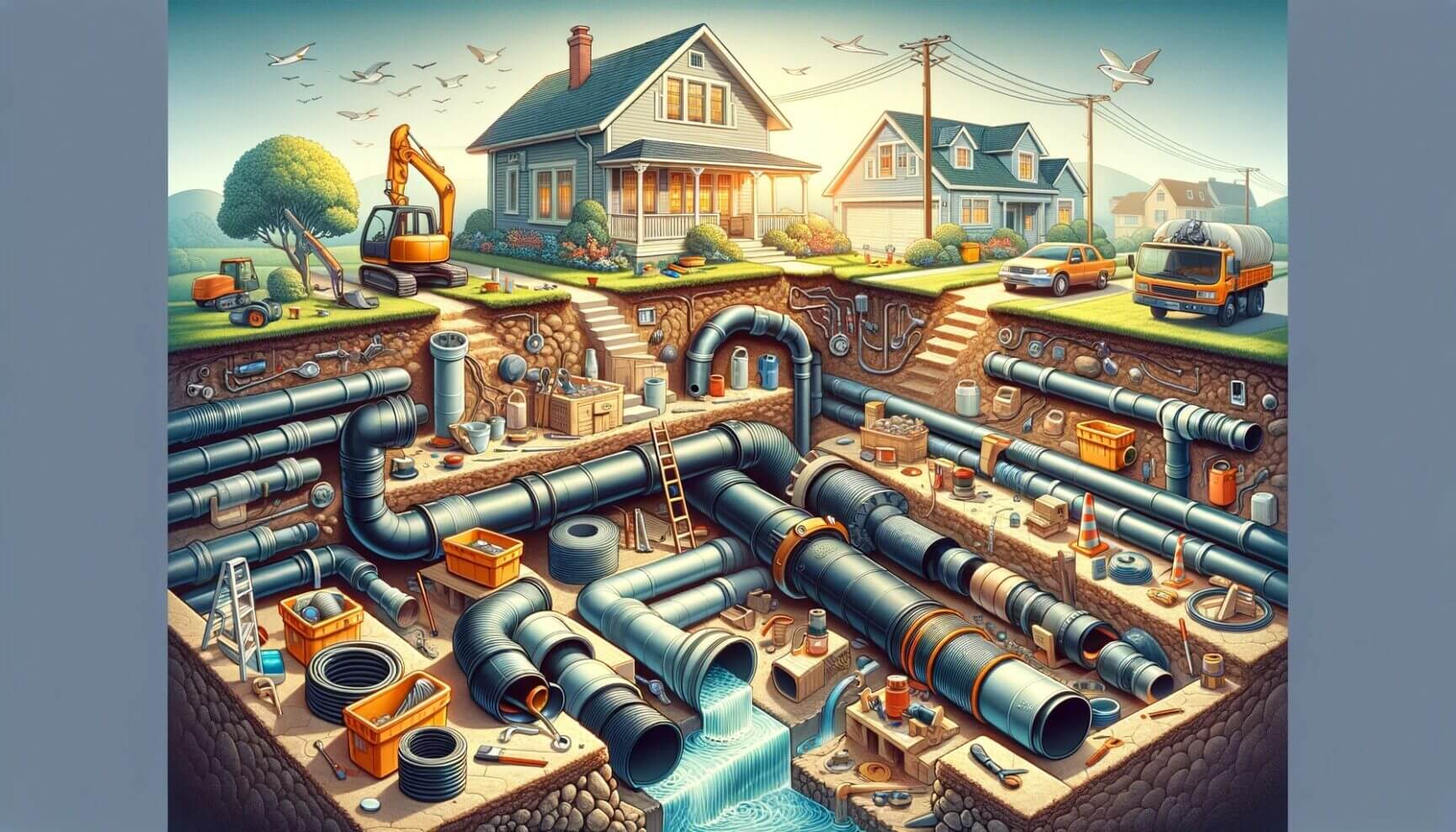 A drawing of a house with pipes in it.