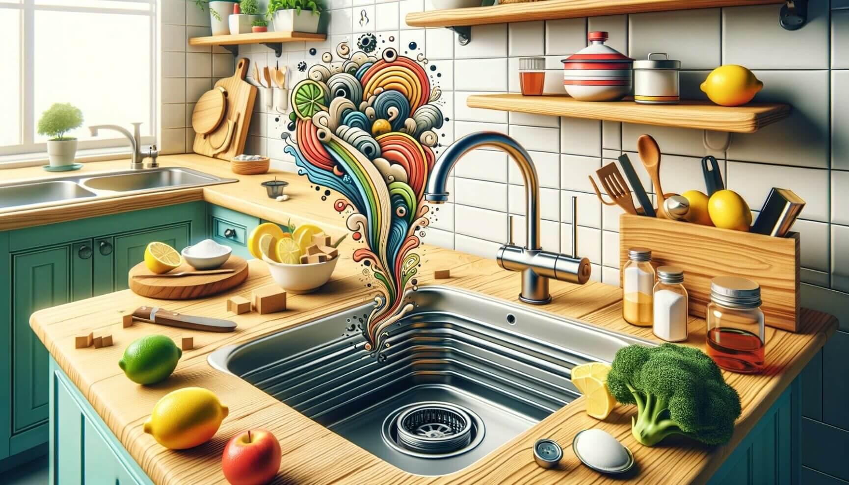 An image of a kitchen with a colorful sink.