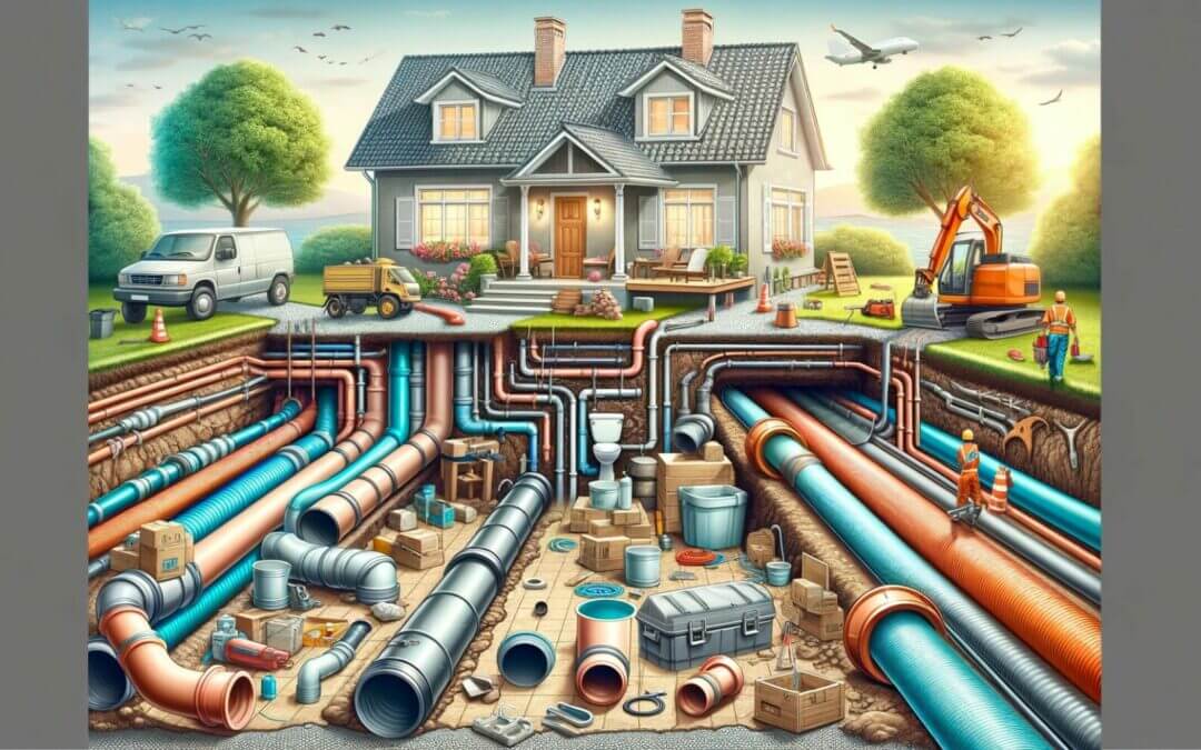 A painting of a house with pipes in the background.