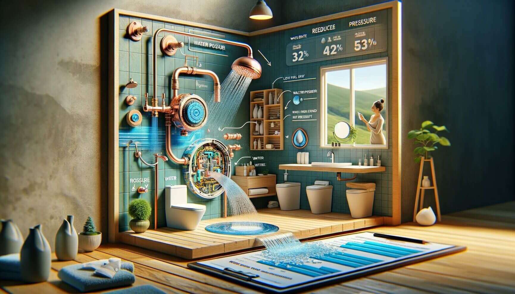 3d rendering of a bathroom with pipes and a toilet.